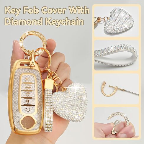 5 Button Key Fob Cover with Diamond, Compatible with Nissan Rogue Pathfinder Versa Kicks Ariya Sentra Armada, Sparkling TPU Key Case and Bling Heart Decoration for Women, A-Style (Silver) in Saudi Arabia