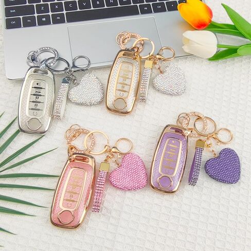 5 Button Key Fob Cover with Diamond, Compatible with Nissan Rogue Pathfinder Versa Kicks Ariya Sentra Armada, Sparkling TPU Key Case and Bling Heart Decoration for Women, A-Style (Silver) in Saudi Arabia