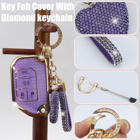 غطاء مفتاح Fob مع سلسلة مفاتيح ماسية متوافقة مع حافظة مفاتيح سيارة جيب متوافقة مع جيب رانجلر JLU JL Gladiator Rubicon JT واقي مفتاح قابل للطي للنساء، 4 أزرار (قلب أرجواني) in Kuwait