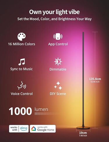 Smart Corner Floor Lamp - LED Floor Lamp with Alexa and App Control, 16 Million DIY Colors, Music Sync, DIY Color Modes,Timer Setting, Suitable for Living Room and Bedroom in Saudi Arabia