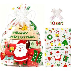 10 Pcs Christmas Cellophane Baskets Gift Bags Large 16x24 inch with 10pcs Christmas Bows for Gift Wrapping Holiday Party Supplies in Kuwait
