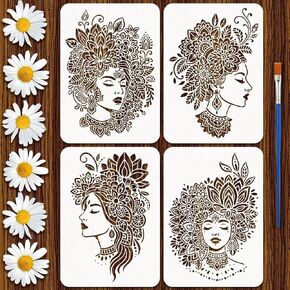 4 قطع من FINGERINSPIRE استنسل رسم الأشخاص والفراشات مع فرشاة بلاستيكية مقاس 8.3 × 11.7 بوصة قالب صورة ظلية للمرأة فراشة وأشجار عشب استنسل قالب شخصية للرسم على الخشب in Kuwait