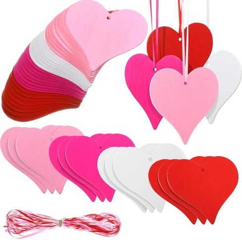 Jetec 32 Pcs 4 Inch Wooden Heart Cutouts Valentine Wooden Hearts for Crafts Heart Slices Ornaments with Holes and 3mm Ribbons for Valentine's Day Wedding Anniversary (Red,Pink,Rose Red,White) in Saudi Arabia