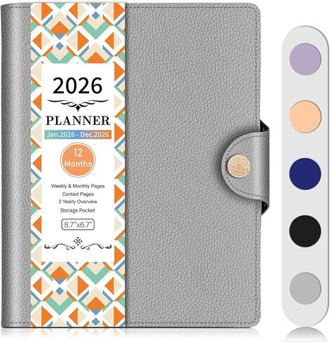 2026 Weekly & Monthly & Daily Planner from Jan 2026 - Dec 2026, Pu Leather Cover Planner, Academic Agenda Planning Organizer with 100GSM Thick Paper, A5 Size, Grey in Saudi Arabia