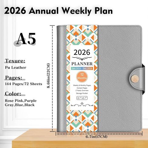 2026 Weekly & Monthly & Daily Planner from Jan 2026 - Dec 2026, Pu Leather Cover Planner, Academic Agenda Planning Organizer with 100GSM Thick Paper, A5 Size, Grey in Saudi Arabia