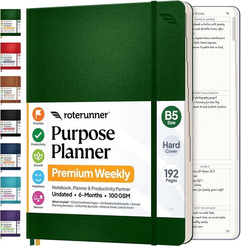 Roterunner Hardcover Purpose Planner Notebook B5 7.5 x 9.8 Undated Daily Planner 2024-2025 Daily Weekly and Monthly Productivity Planner Life Planner ADHD Planner for Adults Self Care Journal in Kuwait