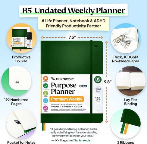 Roterunner Hardcover Purpose Planner Notebook B5 7.5 x 9.8 Undated Daily Planner 2024-2025 Daily Weekly and Monthly Productivity Planner Life Planner ADHD Planner for Adults Self Care Journal in Kuwait