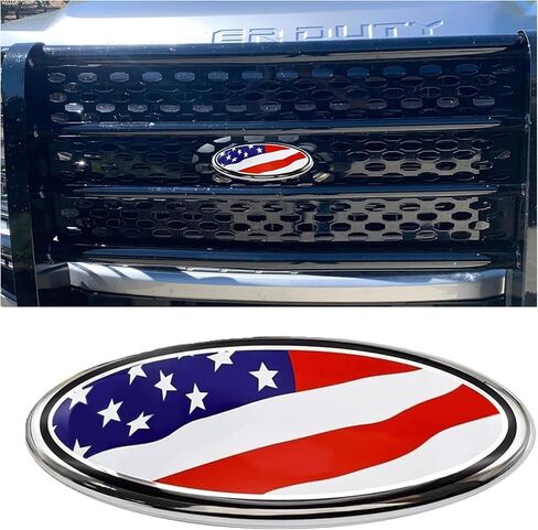 شعار الباب الخلفي للشبكة الأمامية مقاس 9 بوصة متوافق مع الملحقات الخارجية Ford F150، F250، F350، حافة شارة العلم الأمريكي البيضاوية مقاس 9 بوصة × 3.5 بوصة، إكسبلورر، نطاق، ملون، قطعة واحدة in Kuwait