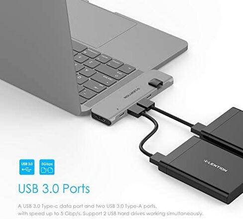 موزع LENTION USB C مع Thunderbolt3 (PD+نقل البيانات+مخرج الفيديو)، 4K HDMI، USB 3.0، محول Gigabit Ethernet Mac متوافق مع MacBook Pro الجديد، Mac Air، المزيد (CS65، رمادي داكن) in Kuwait