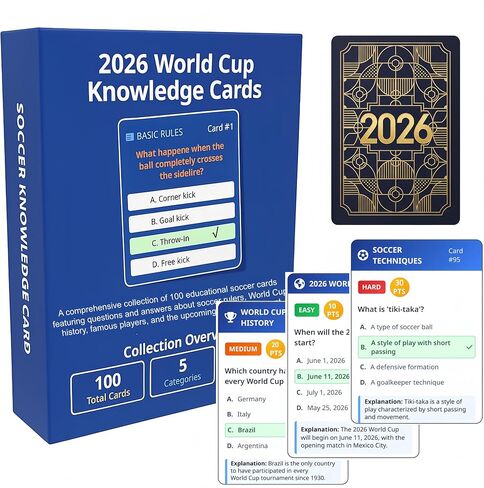 2026 World Cup Soccer Knowledge Trivia Cards Game - 100 Educational Question Cards, 5 Categories, 3 Difficulty Levels, Family and Friend Game Gift for Kids and Adults in Saudi Arabia
