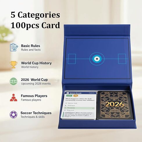 2026 World Cup Soccer Knowledge Trivia Cards Game - 100 Educational Question Cards, 5 Categories, 3 Difficulty Levels, Family and Friend Game Gift for Kids and Adults in Saudi Arabia
