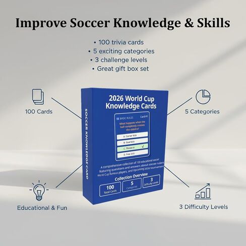 2026 World Cup Soccer Knowledge Trivia Cards Game - 100 Educational Question Cards, 5 Categories, 3 Difficulty Levels, Family and Friend Game Gift for Kids and Adults in Saudi Arabia