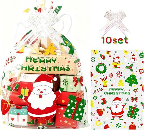 10 Pcs Christmas Cellophane Baskets Gift Bags Large 16x24 inch with 10pcs Christmas Bows for Gift Wrapping Holiday Party Supplies in Kuwait