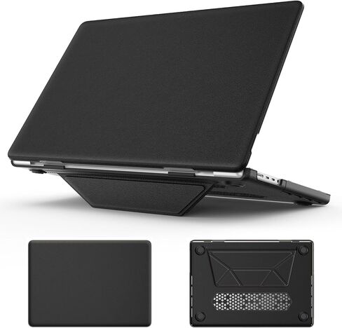 متوافق مع حافظة MacBook Pro 16 بوصة 2024 2023 2022 2021 M4 M3 M2 M1 A3403 A3186 A2991 A2780 A2485 Pro Max Chip Case، غطاء صلب للكمبيوتر المحمول من جلد البولي يوريثان مع غطاء صلب للكمبيوتر الشخصي وحامل (أسود) in Kuwait