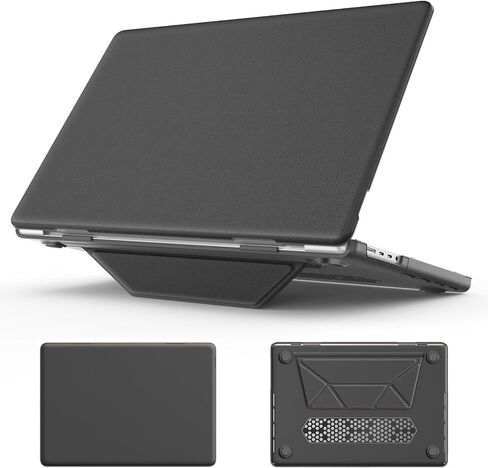 متوافق مع حافظة MacBook Pro 16 بوصة 2024 2023 2022 2021 M4 M3 M2 M1 A3403 A3186 A2991 A2780 A2485 Pro Max Chip Case، غطاء صلب للكمبيوتر المحمول من جلد البولي يوريثان مع غطاء صلب للكمبيوتر الشخصي وحامل (أسود) in Kuwait