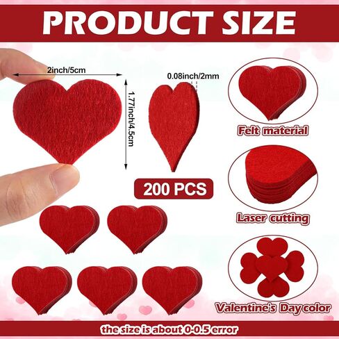 Smoothnovelty 200 Pcs Valentine Felt Hearts, 2 Inch Mix Color Stiff Felt Hearts Mini Heart Laser Cutout Puffy Heart Shape Die Cuts for Valentine's Day Embellishments DIY Crafts Scrapbooking Decoration in Kuwait
