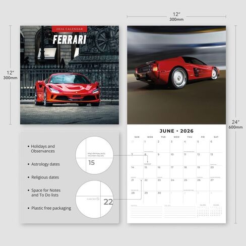 Red Robin 2026 Ferrari Monthly Wall Calendar | 12" x 24" Open | Premium Thick & Sturdy Paper | Hangable 12 Month Calendar | Lined Notes & To Do Area | Vivid Images | Plastic Free in Saudi Arabia