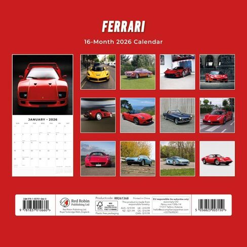 Red Robin 2026 Ferrari Monthly Wall Calendar | 12" x 24" Open | Premium Thick & Sturdy Paper | Hangable 12 Month Calendar | Lined Notes & To Do Area | Vivid Images | Plastic Free in Saudi Arabia