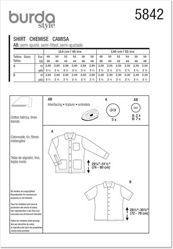 Burda Style X05842BURDA Men's Casual Shirts Sewing Pattern Packet, Design Code B5842, Sizes 38-48 (48-58) in Saudi Arabia