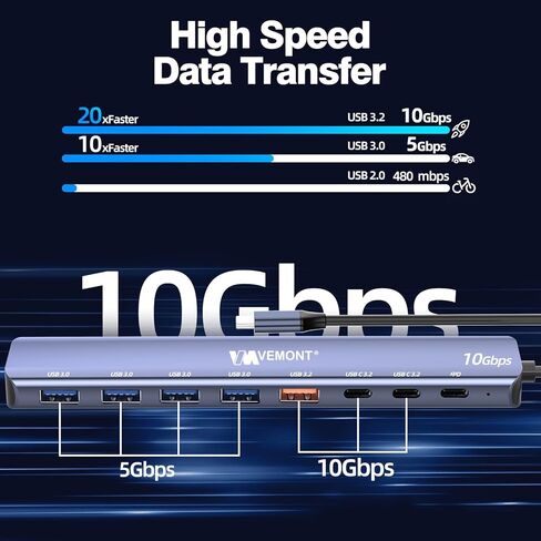 موزع USB C، موزع USB C VEMONT بسرعة 10 جيجابت في الثانية لأجهزة الكمبيوتر المحمول مع 4 منافذ بيانات USB-C ومنفذ شحن PD بقوة 100 وات، محور USB 3.2 Gen 2 لأجهزة MacBook Pro/Air 2022/2021 وiPhone 15 وiPad Pro وXPS وSurface Pro و أكثر in Saudi Arabia