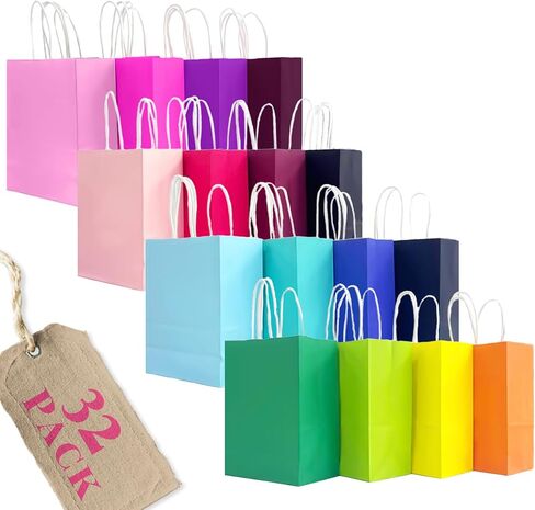 أكياس هدايا ورقية مكونة من 32 قطعة من Bakepacker مع مقابض و16 كيسًا مختلفًا بألوان كبيرة متعددة الاستخدامات (8.3 بوصة × 6 بوصة × 3.15 بوصة، حجم صغير) in Kuwait