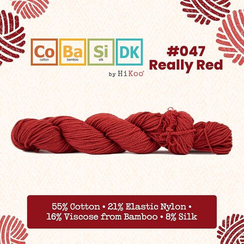 HiKoo CoBaSi DK Sock Yarn, Cotton, Bamboo, Silk and Nylon Blend for Knitting, Crocheting, and Crafts, 50 Gram Hank, 140 Yards, (#047 - Really Red) in Saudi Arabia