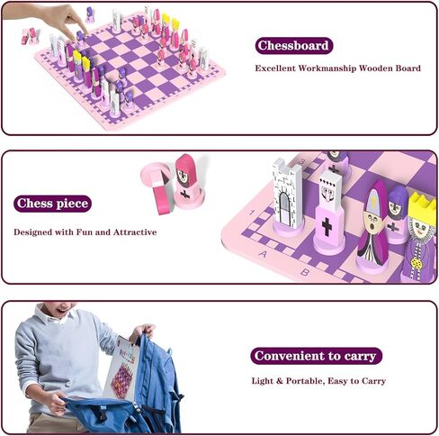 Cartoon Chess Set for Kids: JORMONY 11.8" Pink Chess Board Themed Chess Kids Chess Sets for Beginners No Stress Chess Wooden Board Games Educational Toy Boys Girls for Family School in Saudi Arabia