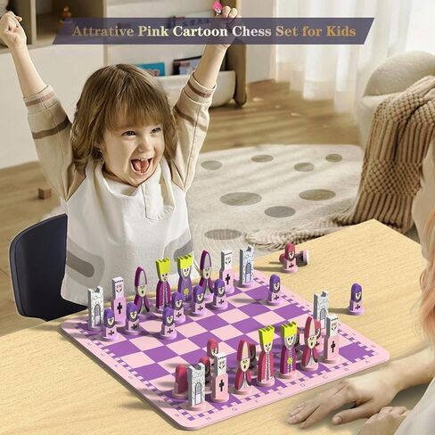 Cartoon Chess Set for Kids: JORMONY 11.8" Pink Chess Board Themed Chess Kids Chess Sets for Beginners No Stress Chess Wooden Board Games Educational Toy Boys Girls for Family School in Saudi Arabia