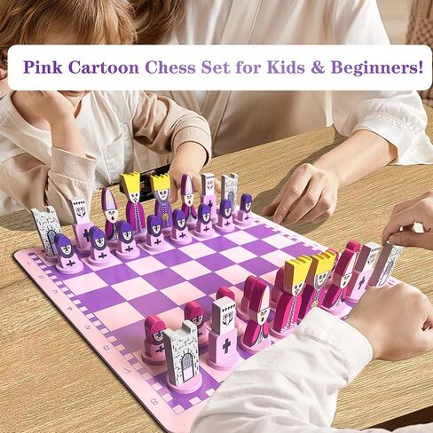 Cartoon Chess Set for Kids: JORMONY 11.8" Pink Chess Board Themed Chess Kids Chess Sets for Beginners No Stress Chess Wooden Board Games Educational Toy Boys Girls for Family School in Saudi Arabia