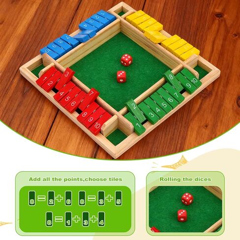 Shut The Box Game 4 Player Classics Dice Game Family Wooden Board Games Table Math Entertainment 8 Dices for Classroom,Home,Party or Pub in Saudi Arabia