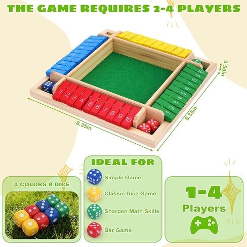 Shut The Box Game 4 Player Classics Dice Game Family Wooden Board Games Table Math Entertainment 8 Dices for Classroom,Home,Party or Pub in Saudi Arabia