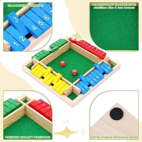 Shut The Box Game 4 Player Classics Dice Game Family Wooden Board Games Table Math Entertainment 8 Dices for Classroom,Home,Party or Pub in Saudi Arabia