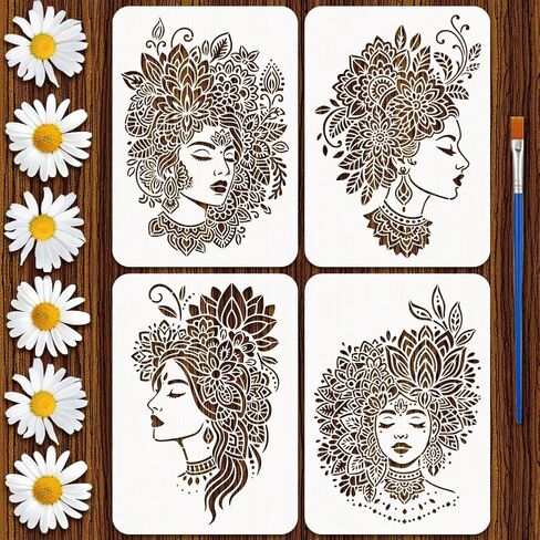 FINGERINSPIRE 4PCS People and Butterflies Painting Stencil with Plastic Brush 8.3x11.7inch Woman Silhouette Template Butterfly Trees Grass Stencil Character Theme Template for Painting on Wood in Saudi Arabia