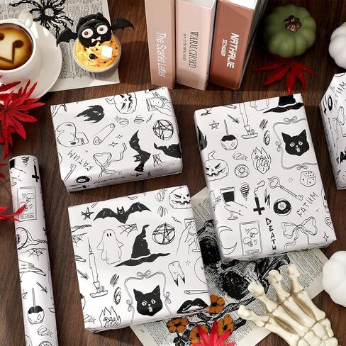JarThenaAMCS Halloween Wrapping Paper - Mini Roll - 17 Inch x 32.8 Ft Black Cat Ghost Bat Gift Wrap Paper Single-Sided for Home Party DIY Crafts in Saudi Arabia