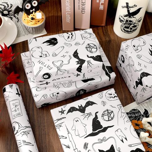 JarThenaAMCS Halloween Wrapping Paper - Mini Roll - 17 Inch x 32.8 Ft Black Cat Ghost Bat Gift Wrap Paper Single-Sided for Home Party DIY Crafts in Saudi Arabia