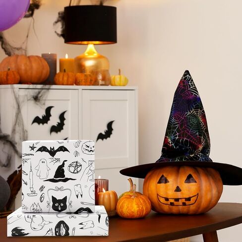 JarThenaAMCS Halloween Wrapping Paper - Mini Roll - 17 Inch x 32.8 Ft Black Cat Ghost Bat Gift Wrap Paper Single-Sided for Home Party DIY Crafts in Saudi Arabia