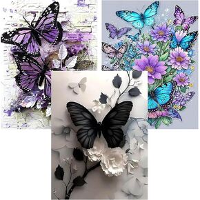 3 Pack Diamond Art Kits for Adults, Butterfly Flowers Diamond Painting Kits for Adults, 5D DIY Round Drill Gem Art Paint with Diamonds Dots Crafts Kits for Home Decor Gift 12x16inch in Kuwait