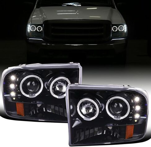 Ronnin - Fits 1999-2004 Ford F250 F350 F450 F550 Excursion US Spec Upgrade Replacement LED Dual Rims Projector Headlights Assembly Pair | Gloss Black in Saudi Arabia