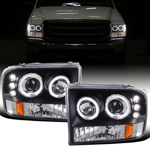 Ronnin - يناسب 1999-2004 Ford F250 F350 F450 F550 Excursion US Spec ترقية استبدال زوج مجموعة المصابيح الأمامية لجهاز العرض LED ذو الحواف المزدوجة | لمعان أسود in Kuwait
