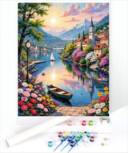 Sceorixa Coastal Town Paint by Numbers Kit for Adults - DIY Seaside Scenery Painting On Canvas 16X20 Inches, Acrylic Paint Set, Suitable for Beginners, Art for Home Decoration Or Gifts, Unframed in Saudi Arabia