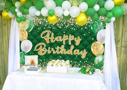 Green Gold Birthday Banner Backdrop Gold and Green Glitter Happy Birthday Photography Background Men Women Kids Party Decoration Photo Supplies (Green, 82x59inch (7x5FT)) in Kuwait