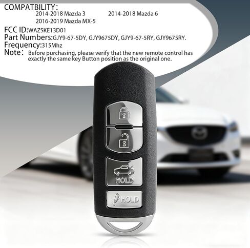 مفتاح Fob بديل مناسب لـ 2014-2018 Mazda3 Mazda 6، مفتاح ذكي Fob لمازدا MX-5 2016-2019، مفتاح سيارة 315 ميجا هرتز لمازدا، مفتاح تحكم عن بعد للدخول بدون مفتاح in Saudi Arabia