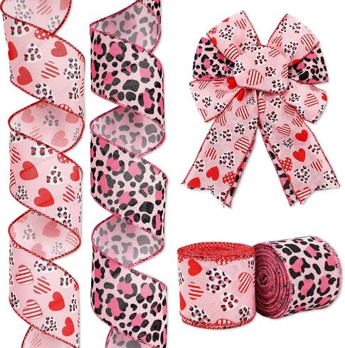 Valentine's Day Wired Edge Ribbon Leopard Print Heart Craft Ribbon Pink Animal Spot Fabric Ribbon for Wreath Bow DIY Wrapping Party Decor, 2 Rolls, 20 Yard in Saudi Arabia