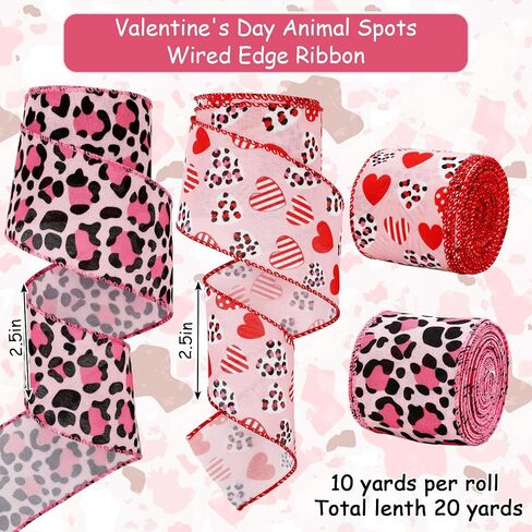 Valentine's Day Wired Edge Ribbon Leopard Print Heart Craft Ribbon Pink Animal Spot Fabric Ribbon for Wreath Bow DIY Wrapping Party Decor, 2 Rolls, 20 Yard in Saudi Arabia