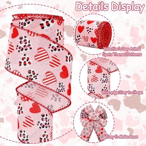 Valentine's Day Wired Edge Ribbon Leopard Print Heart Craft Ribbon Pink Animal Spot Fabric Ribbon for Wreath Bow DIY Wrapping Party Decor, 2 Rolls, 20 Yard in Saudi Arabia