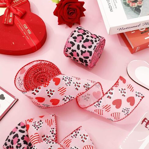 Valentine's Day Wired Edge Ribbon Leopard Print Heart Craft Ribbon Pink Animal Spot Fabric Ribbon for Wreath Bow DIY Wrapping Party Decor, 2 Rolls, 20 Yard in Saudi Arabia