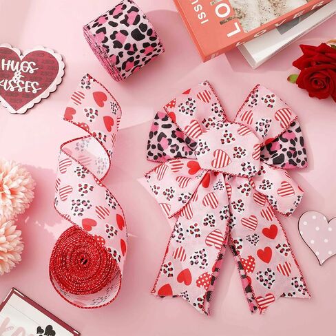 Valentine's Day Wired Edge Ribbon Leopard Print Heart Craft Ribbon Pink Animal Spot Fabric Ribbon for Wreath Bow DIY Wrapping Party Decor, 2 Rolls, 20 Yard in Saudi Arabia