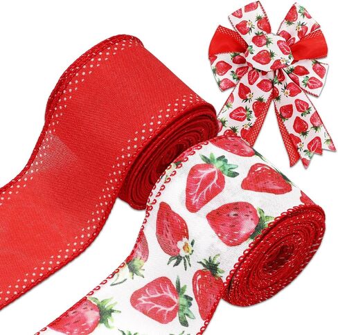 2 Rolls Strawberry Wired Edge Ribbon 2.5 Inch Red Watercolor Fruit Decorative Fabric Ribbons for Wreath Bow DIY Craft Gift Wrapping Summer Holiday Party Supplies, 20 Yard in Saudi Arabia