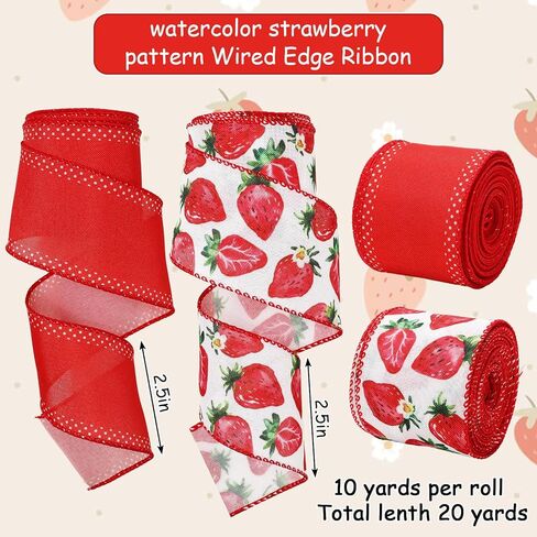 2 Rolls Strawberry Wired Edge Ribbon 2.5 Inch Red Watercolor Fruit Decorative Fabric Ribbons for Wreath Bow DIY Craft Gift Wrapping Summer Holiday Party Supplies, 20 Yard in Saudi Arabia