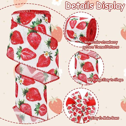 2 Rolls Strawberry Wired Edge Ribbon 2.5 Inch Red Watercolor Fruit Decorative Fabric Ribbons for Wreath Bow DIY Craft Gift Wrapping Summer Holiday Party Supplies, 20 Yard in Saudi Arabia